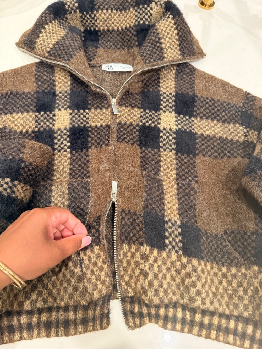 Zara Brown Plaid Knit Bomber 2-Way FULL Zip-Up Jacket - Picture 5 of 8